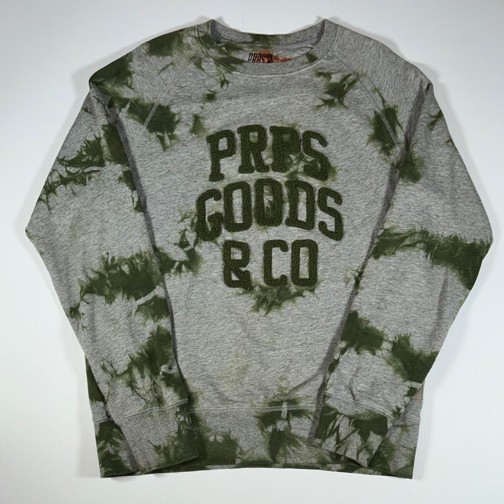 PRPS Goods & Co Mens L Army Green Tie Dye Crewneck Sweatshirt Chenille Logo 2015